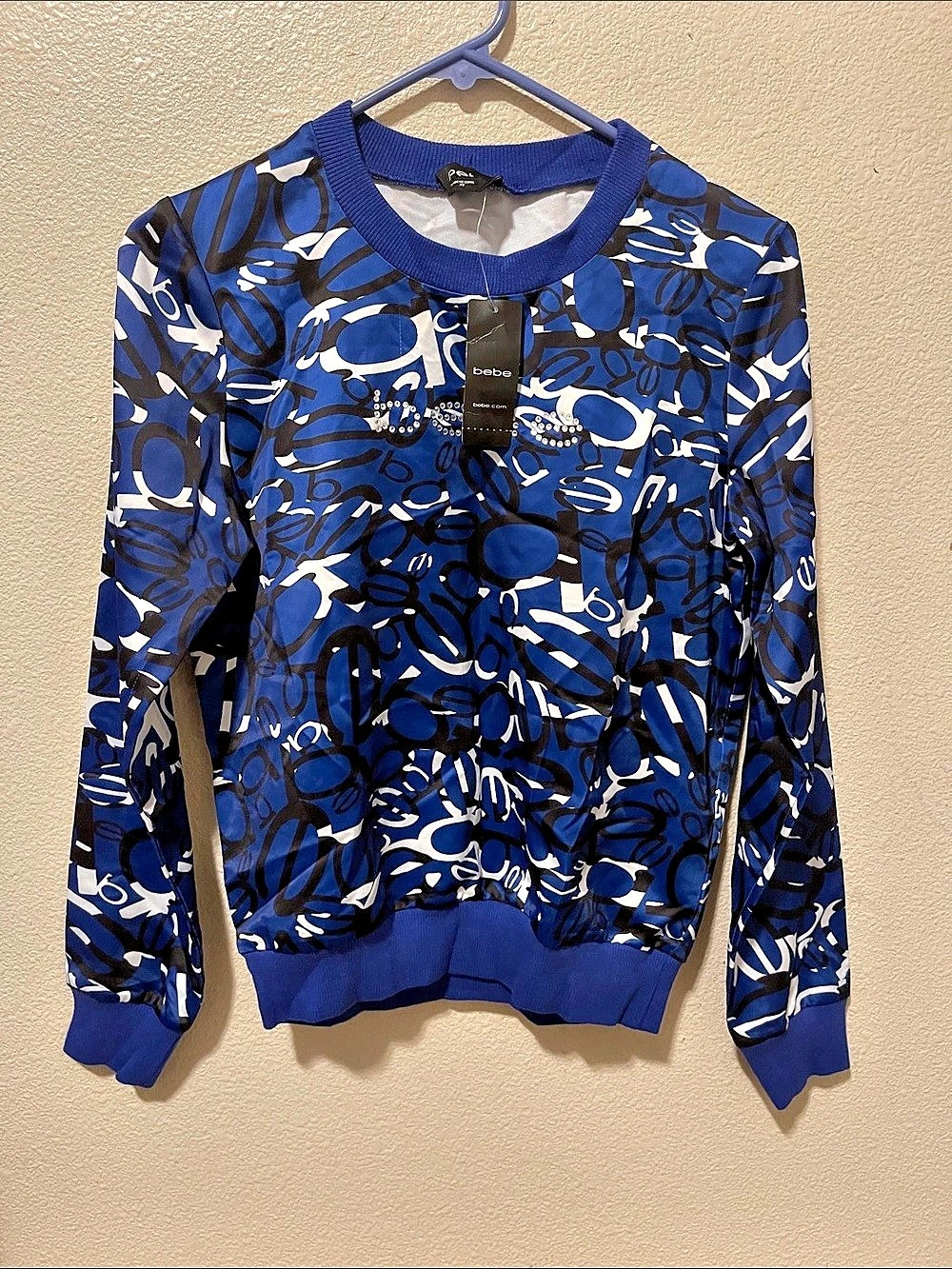 Bebe Logo Printed Satin Pullover Sweatshirt Blue & Black XS